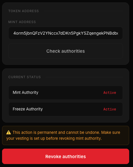 Revoke authority in Token Creator